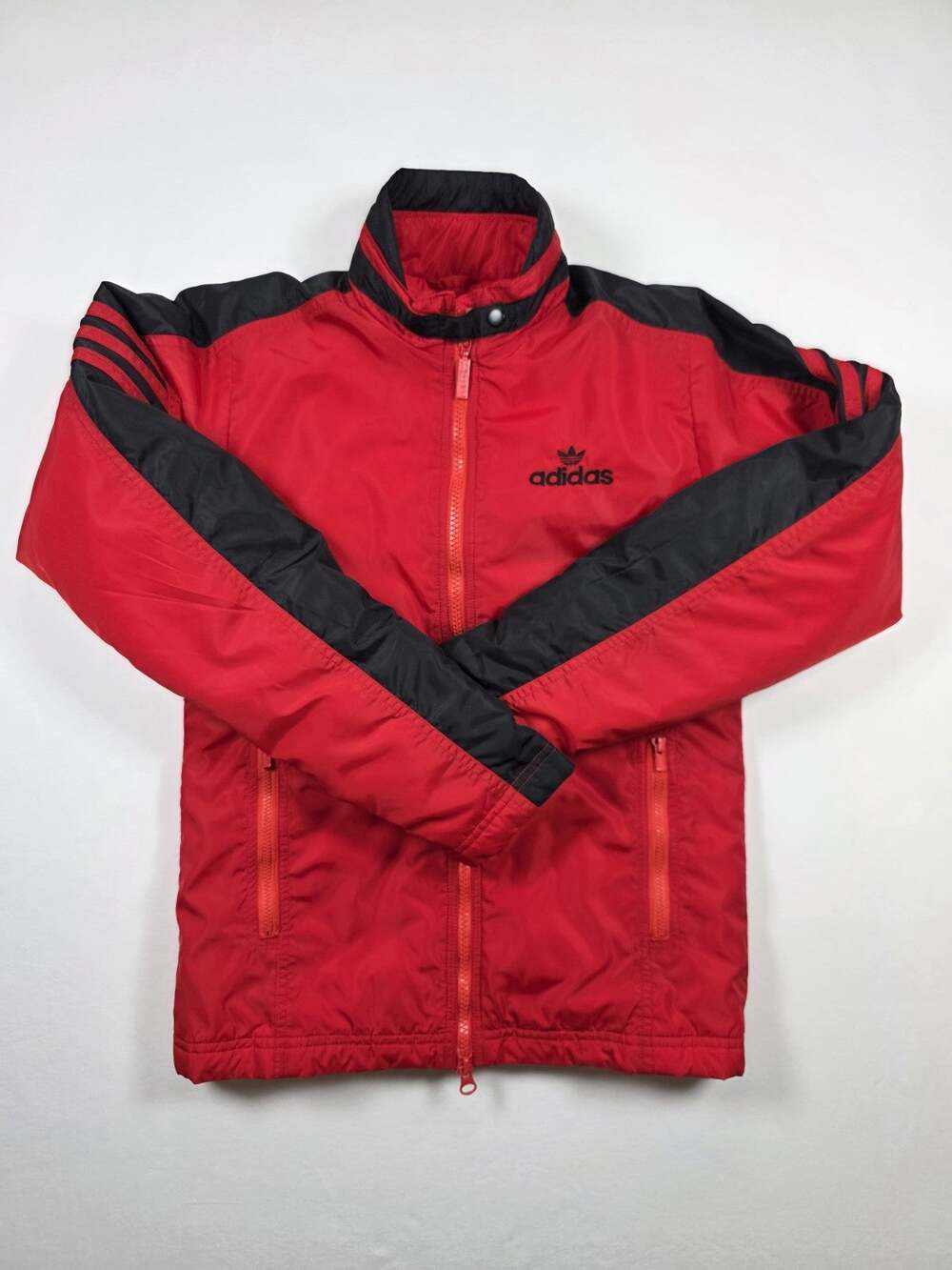 Vintage Adidas Colorblock Puffer Jacket Red Black Trefoil Logo Womens XS 373920